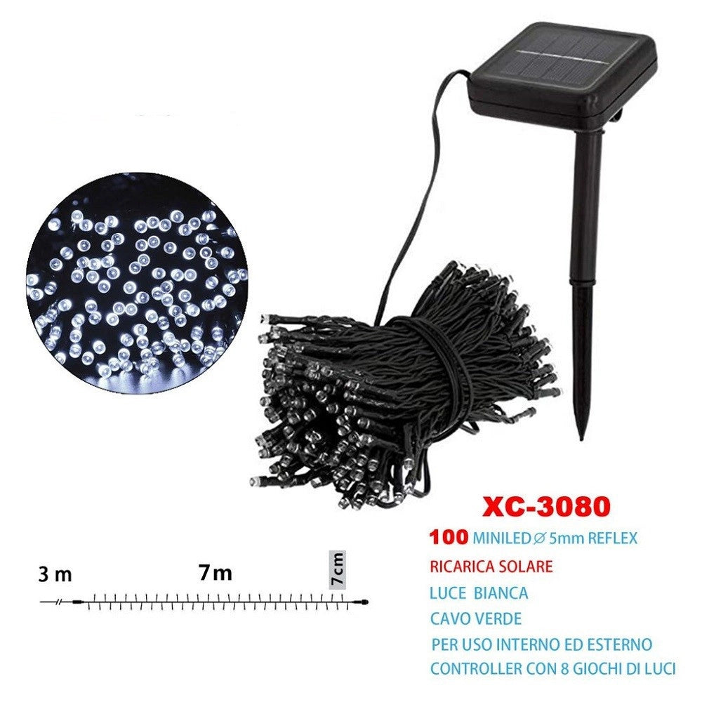 Trade Shop - Catena Luminosa Natale 100led Con Ricarica Ad Energia Solare Luce Bianca Xc-3080 -