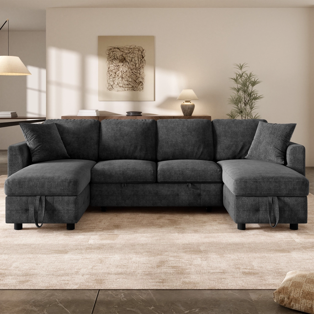 DIVANO LETTO a U con funzione estraibile, 260x128x82 cm, grigio scuro, in chenille