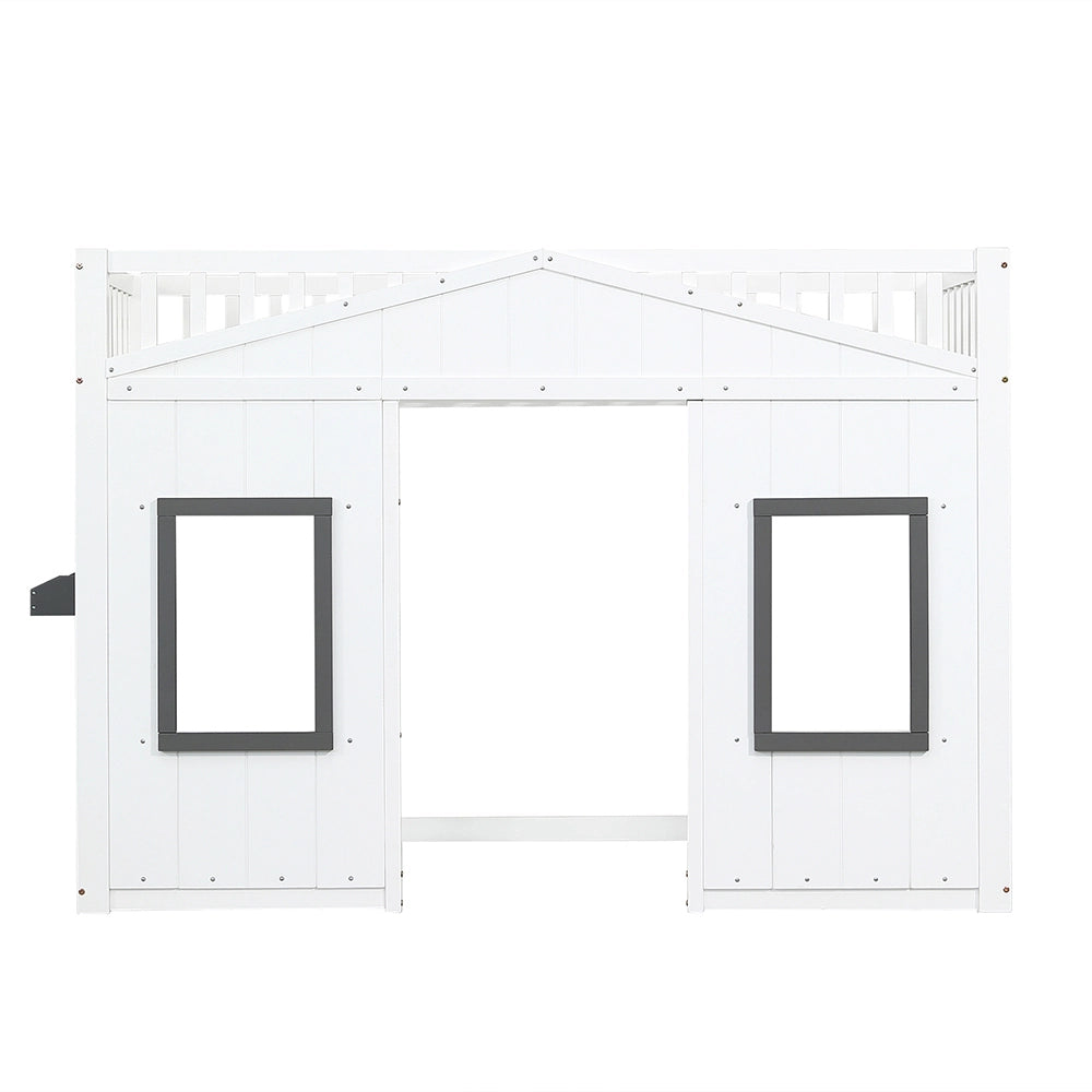 Letto a Castello Casa Bambini – Xylo – 90x200cm, Scala, Protezione Anti-Caduta, Finestra, Letto Inferiore Libero, Bianco