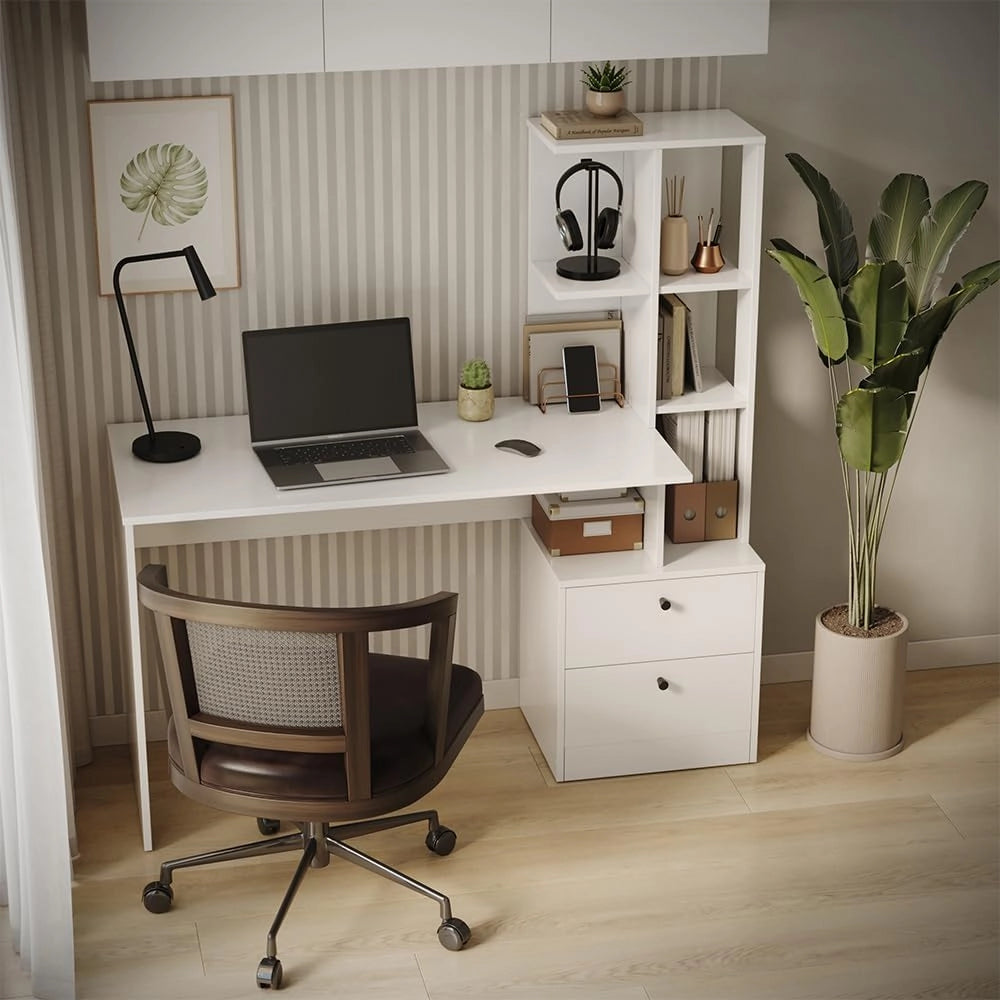 Scrivania Denton, Bianco, 136 x 55 cm, con vani aperti per l'organizzazione del materiale di lavoro