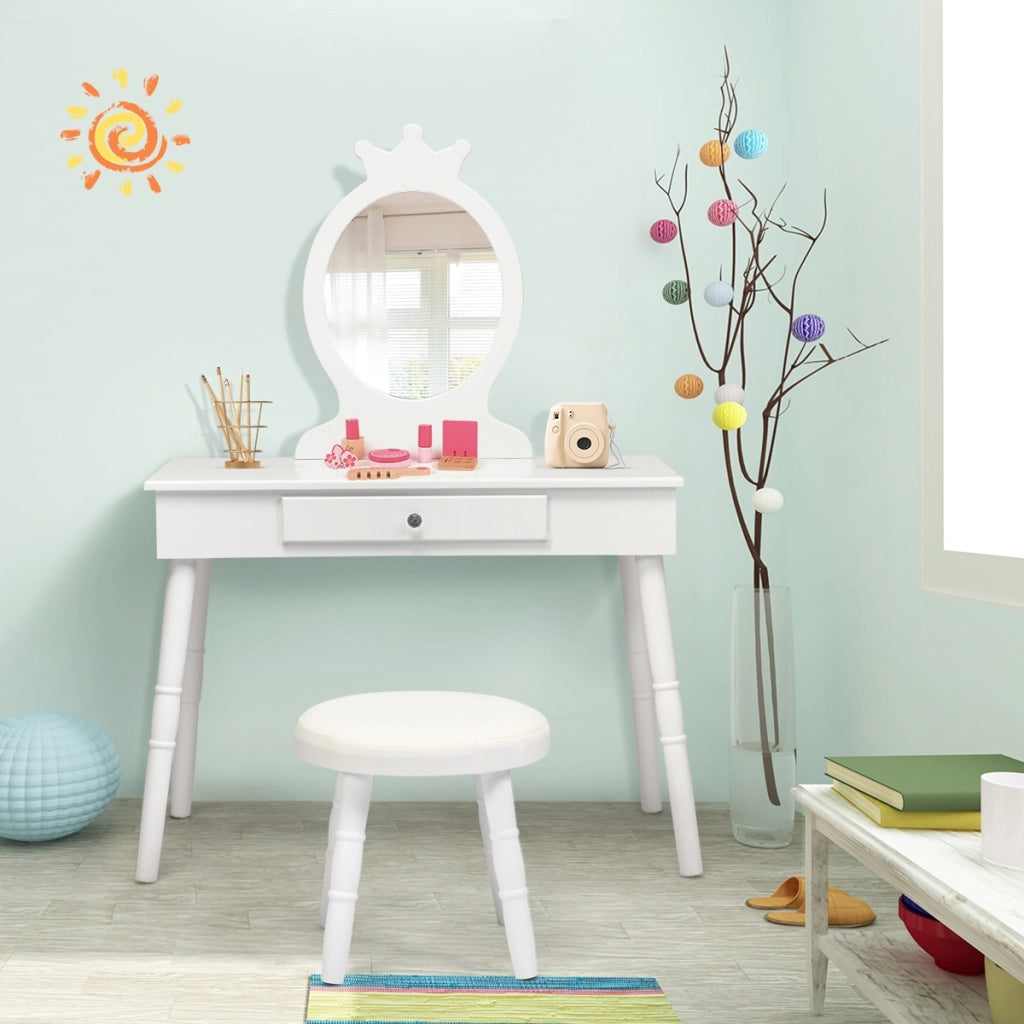 Toeletta con specchio per bambini, Set tavolo e sedia toeletta con cassetti e sgabello imbottito, Bianco