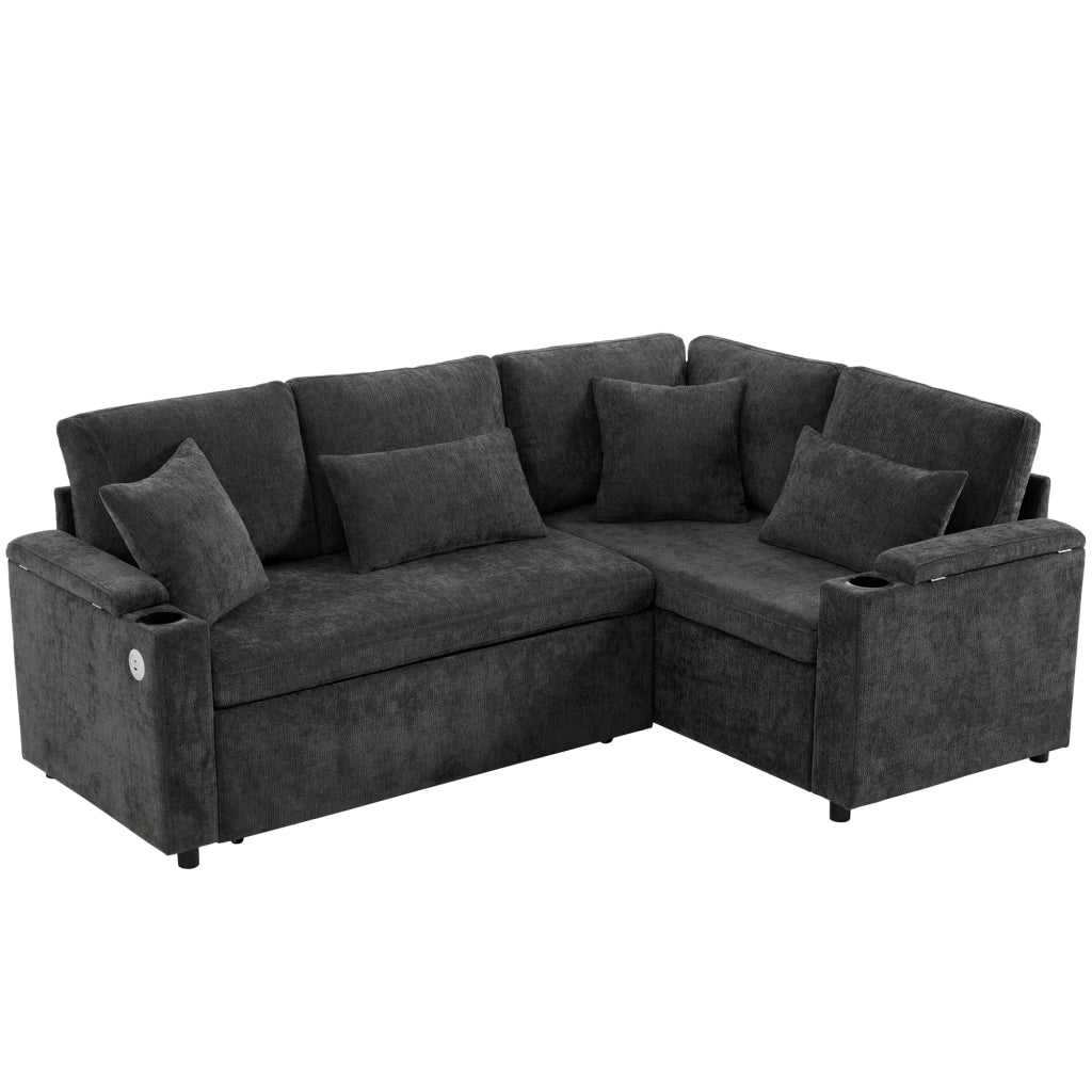 Divano Angolare Letto con Contenitore ¨C MINIMAL ¨C Grigio, Tessuto, Portabicchieri, USB