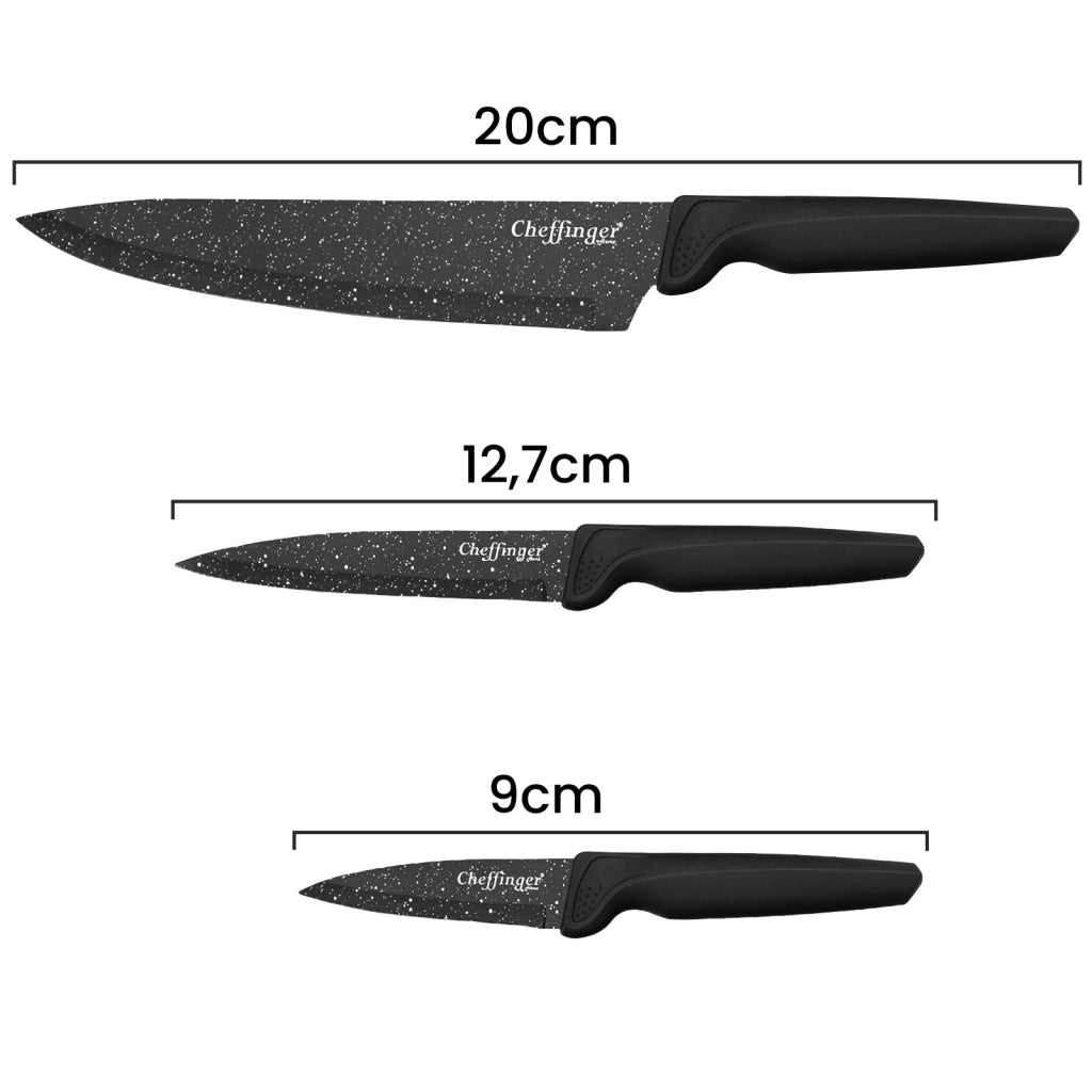Set di 4 coltelli da chef da cucina Rivestimento in marmo con affilatore Nero Cheffinger