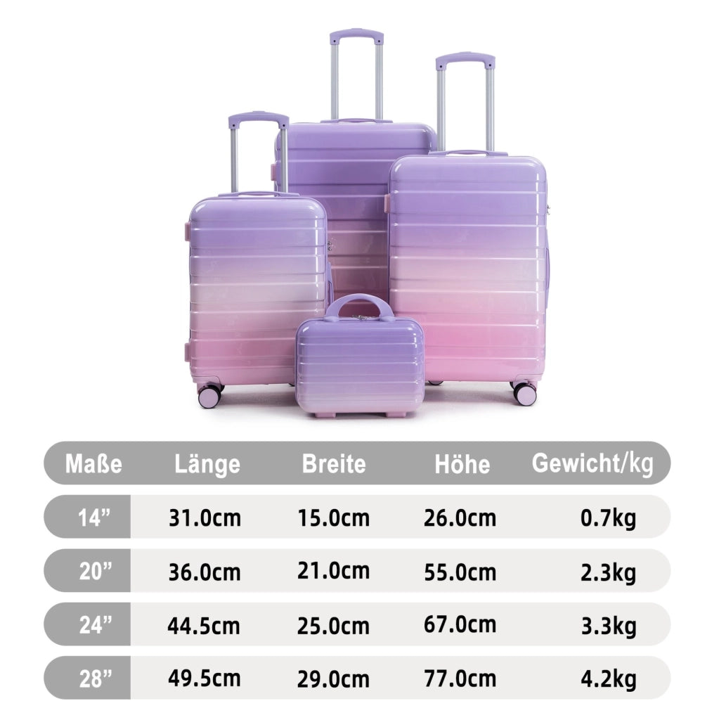 Set Valigie Rigide PC 4 Pezzi con Ruote Spinner 360°, Serratura a Combinazione e Beauty Case 14" Viola