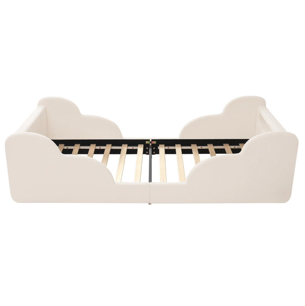 Letto singolo 90x200 cm in bouclé beige con sponde imbottite; luce notturna e porte USB/Type-C