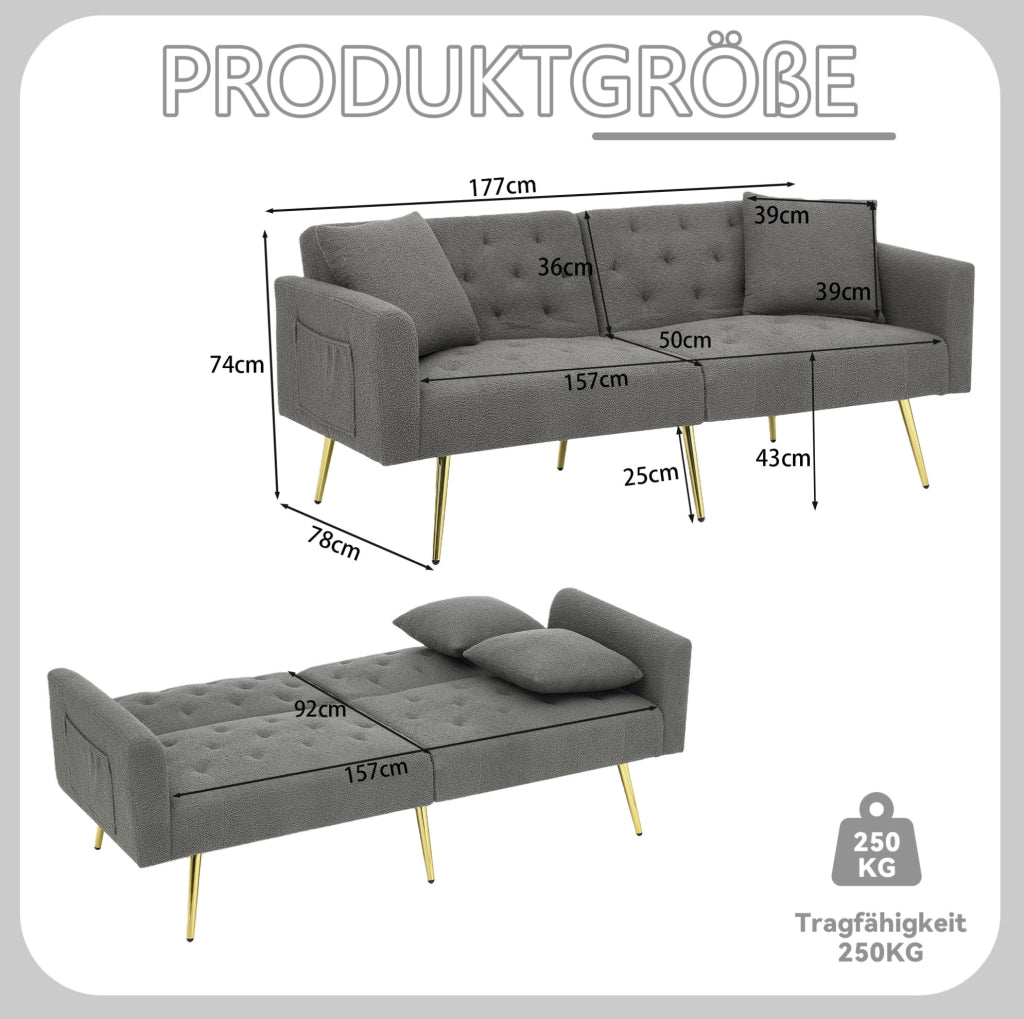 Divano a 2 posti in teddy fleece grigio con schienale regolabile a 3 posizioni