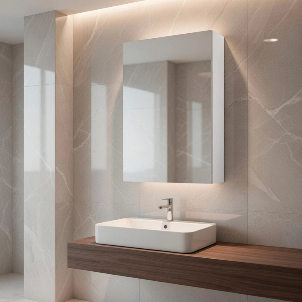 Mobile Pensile Bagno Con Anta A Specchio E Ripiani Interni Design Moderno Minimal Salvaspazio In Melaminico Per Arredo Bagno 65 X 40 X 21 Cm Bianco