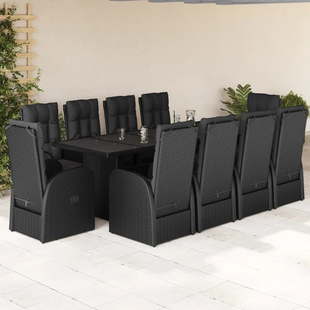 Set da Pranzo da Giardino 11 pz con Cuscini in Polyrattan Nero