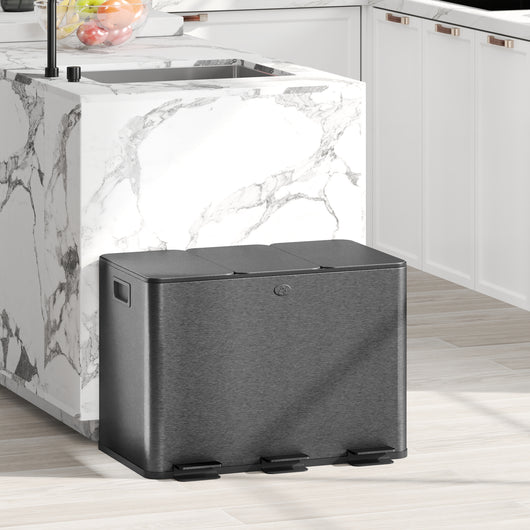 Pattumiera a 3 Sezioni da 20L 61,9x36,6x56,7 cm con Coperchio Silenzioso in Acciaio Inox e PP Nero