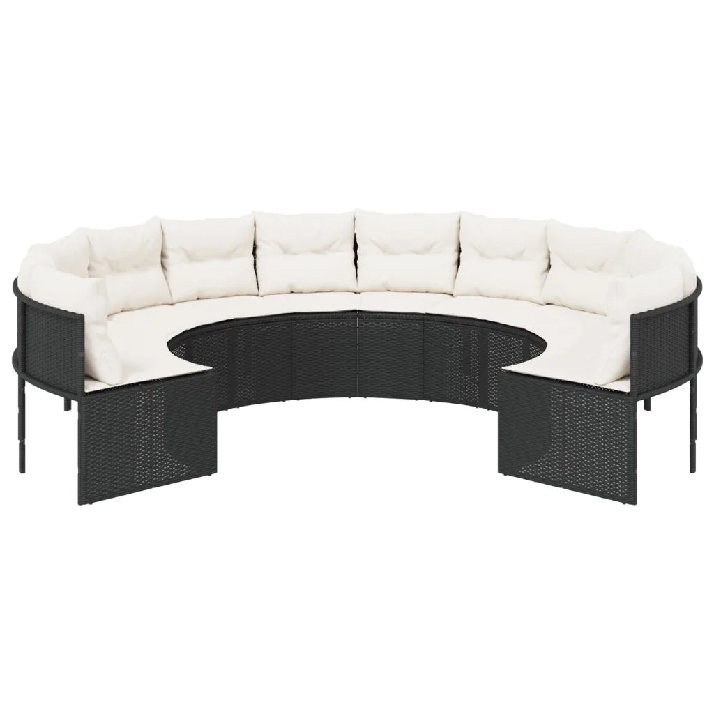 Divano da Giardino con Cuscini Circolare Nero in Polyrattan