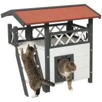 Casetta per Gatti da Esterno con Terrazza e Scaletta in Legno, 77x50x73cm, Bianco e Grigio