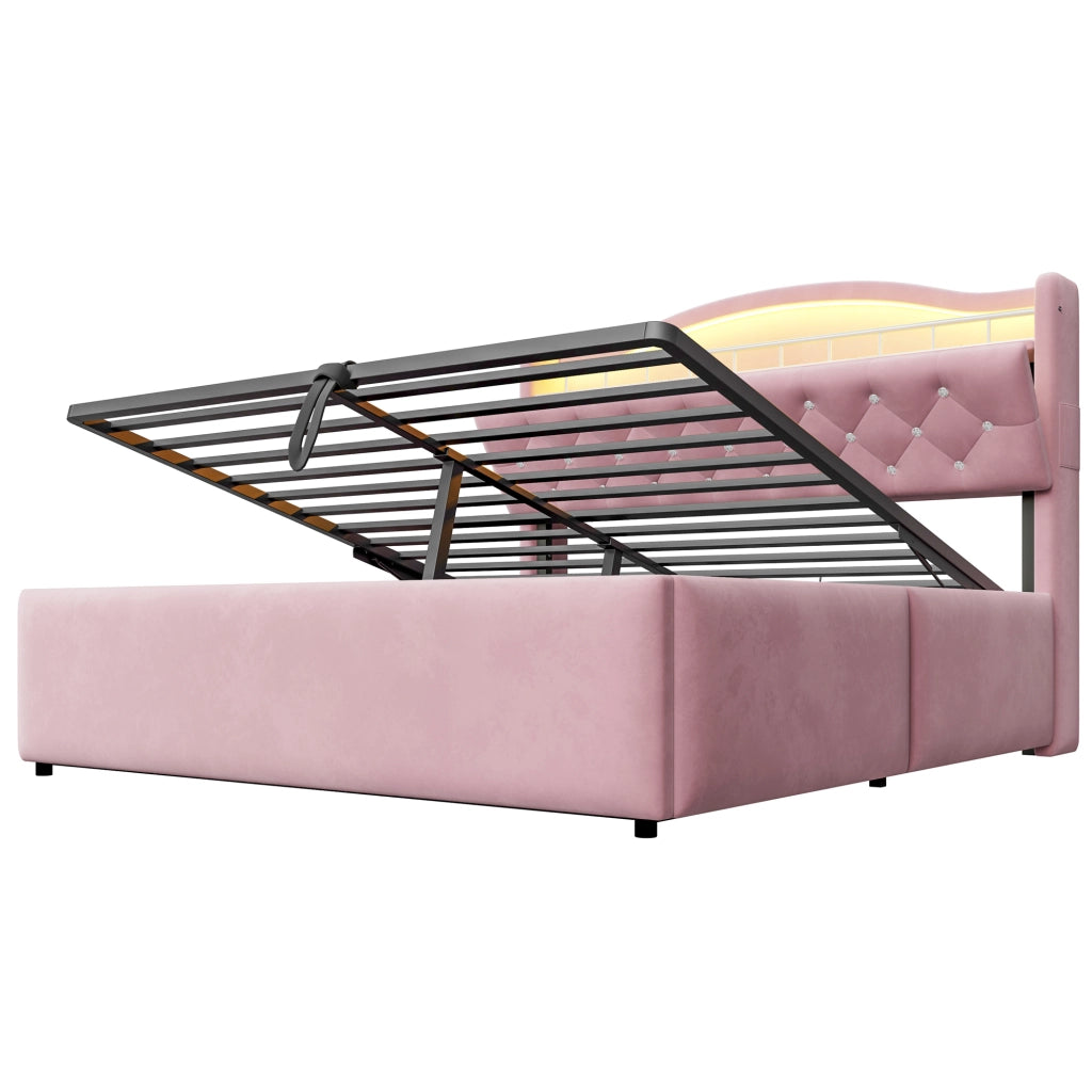Letto imbottito rosa 140x200 cm con apertura idraulica; testiera LED e ricarica USB