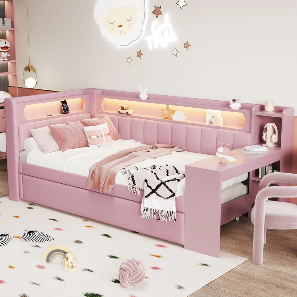 LETTO da giorno 90x200 cm Rosa con USB, LED, letto estraibile e scrivania