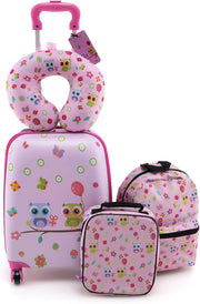 5 Pezzi Valigia per Bambini, Valigia con ManicoTelescopico da 16" con 13" Zainetto, Cuscino per Il Collo, Etichetta per Bagaglio, Borsa per Il Pranzo, con Ruote Girevoli a 360 ° (Modello 4)