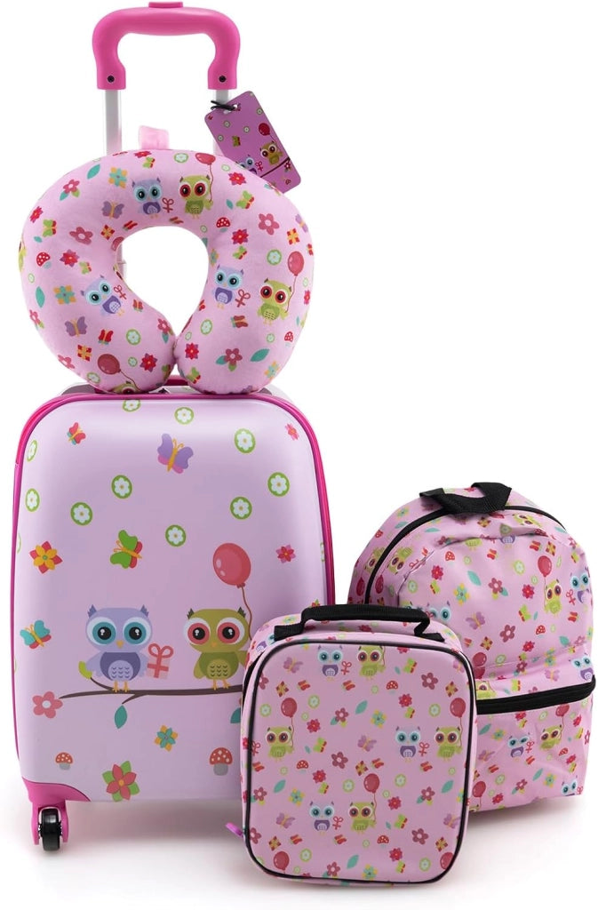 5 Pezzi Valigia per Bambini, Valigia con ManicoTelescopico da 16" con 13" Zainetto, Cuscino per Il Collo, Etichetta per Bagaglio, Borsa per Il Pranzo, con Ruote Girevoli a 360 ° (Modello 4)