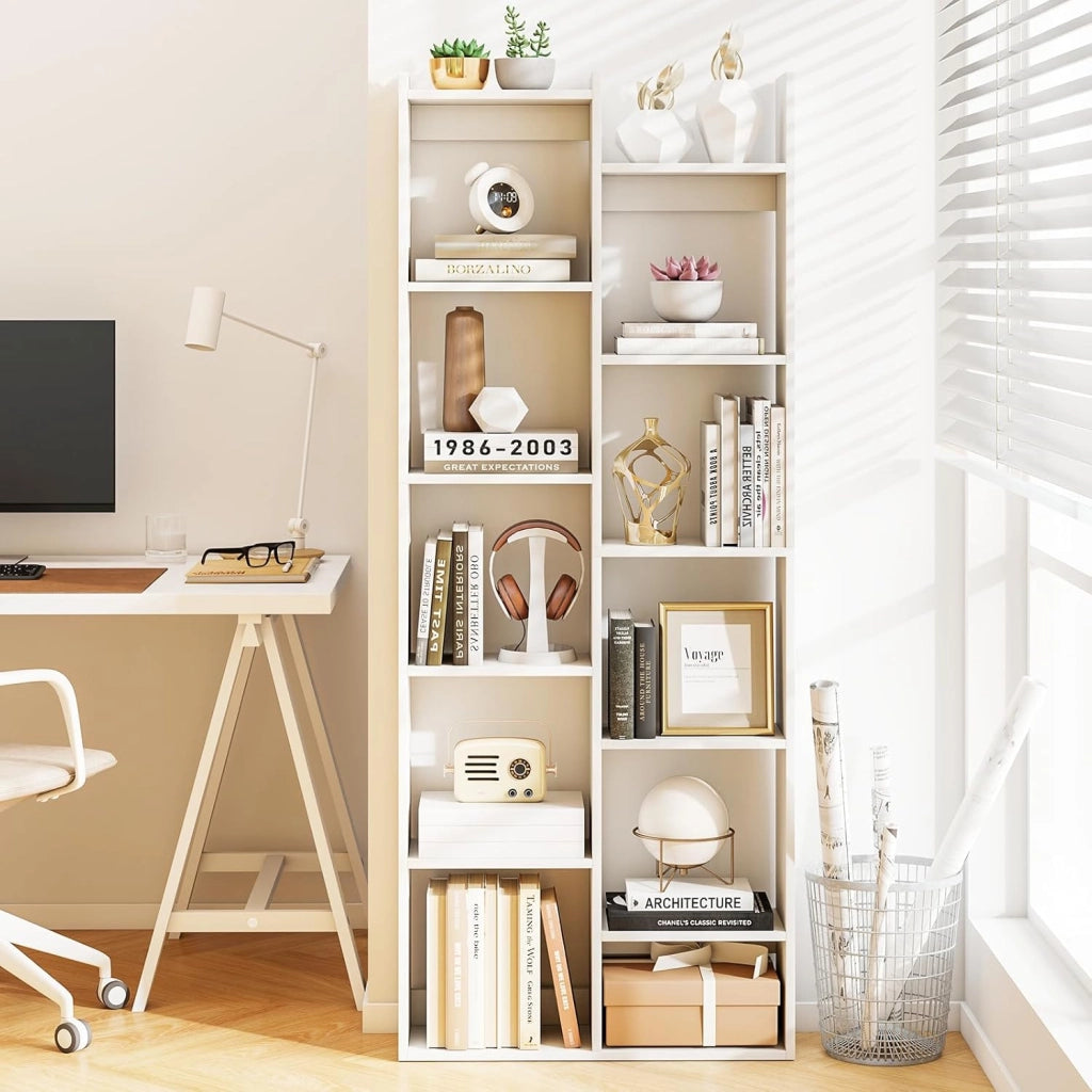 Libreria, scaffale con 12 scomparti aperti e 2 fusibili ribaltabili, 65 x 20 x 162 cm, scaffale in legno, per soggiorno, ufficio e camera da letto (naturale)