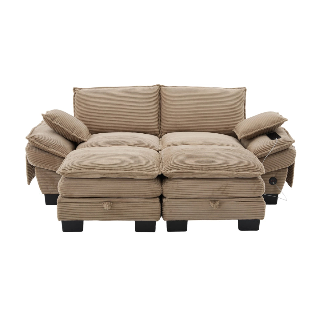 Divano modulare 2 posti in corduroy khaki con 2 pouf; porta USB-C e tasche laterali