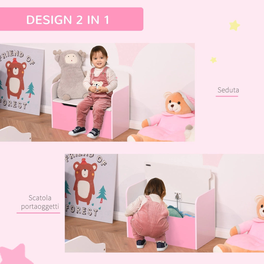Panca Contenitore Portagiochi con Schienale in Legno 60x30x50 cm Rosa