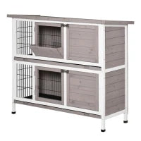 Gabbia per Conigli in Legno Massiccio con Doppio Piano Tetto Apribile, Mangiatoia, Vassoi Estraibili, 4 Porte, 122 x 50 x 101 cm, Grigio e Bianco