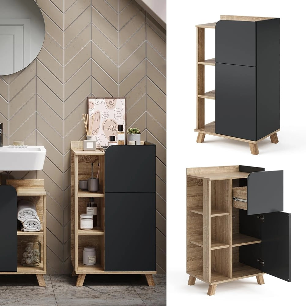 Armadietto di base Karen, Sonoma/antracite, 50 x 90 cm con anta e cassetto, adatto per la conservazione di articoli da bagno e asciugamani