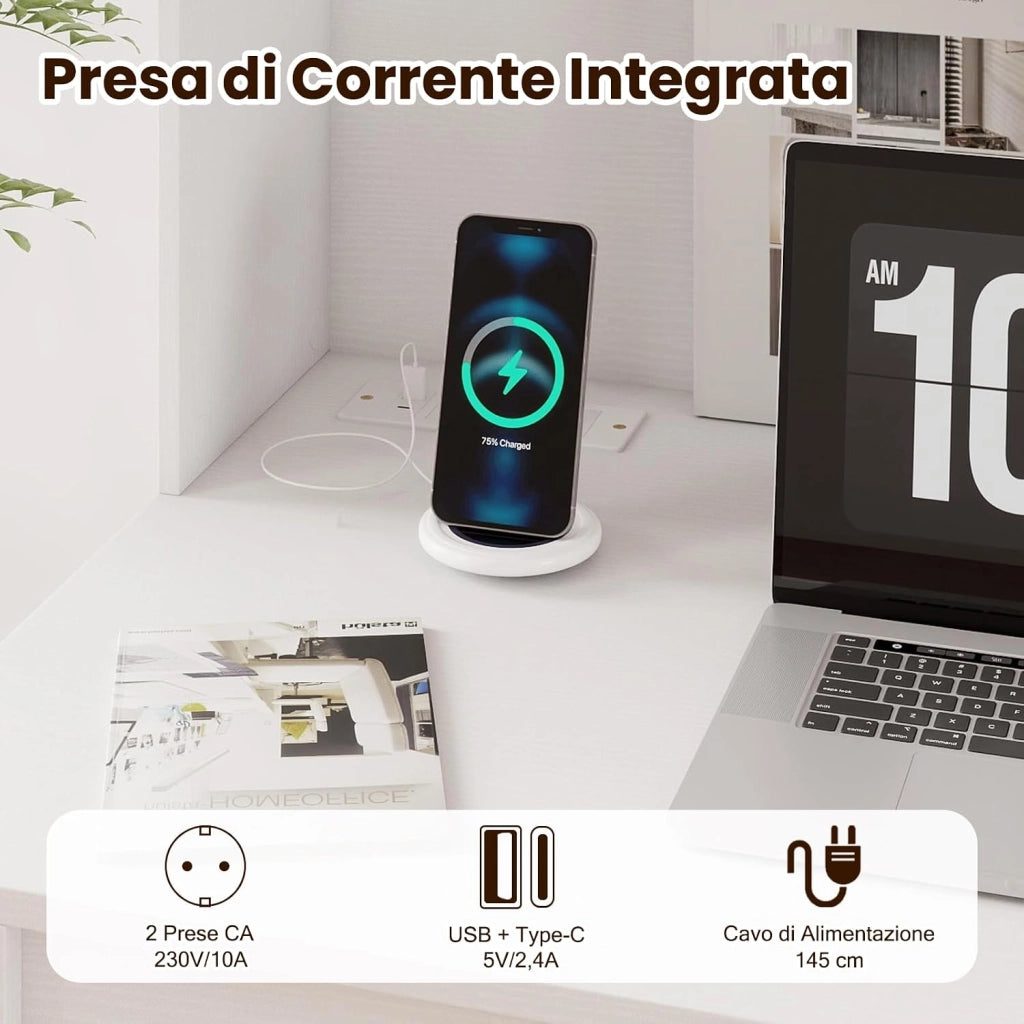 Scrivania per Computer con Libreria, Scrivania Salvaspazio in Legno con Stazione di Ricarica e Foro per Cavi, Scrittoio Moderno per Ufficio, Soggiorno e Studio, 108 x 60 x 125 cm (Bianco)