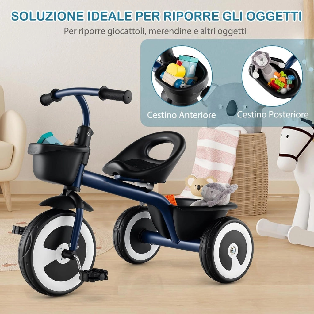 Triciclo per Bambini, Trike con Sede Regolabile Cestini Anteriori e Posteriori, Bicicletta a 3 Ruote con Telaio in Ferro Carbonioso di Alta Resistenza, per Bambini 1,5-5 Anni (Blu)