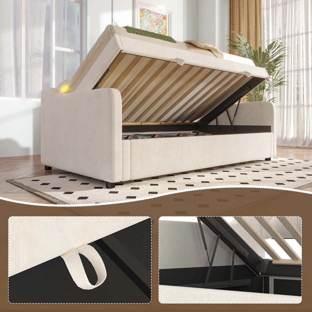 LETTO Divano letto idraulico con contenitore 90x200 cm velluto beige