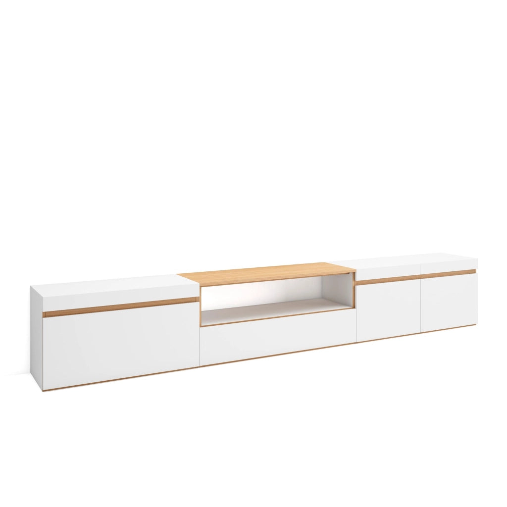 Mobile TV Soggiorno, 288x45x35 cm, TV di grande formato, Mobile Soggiorno, Bianco e Rovere soft
