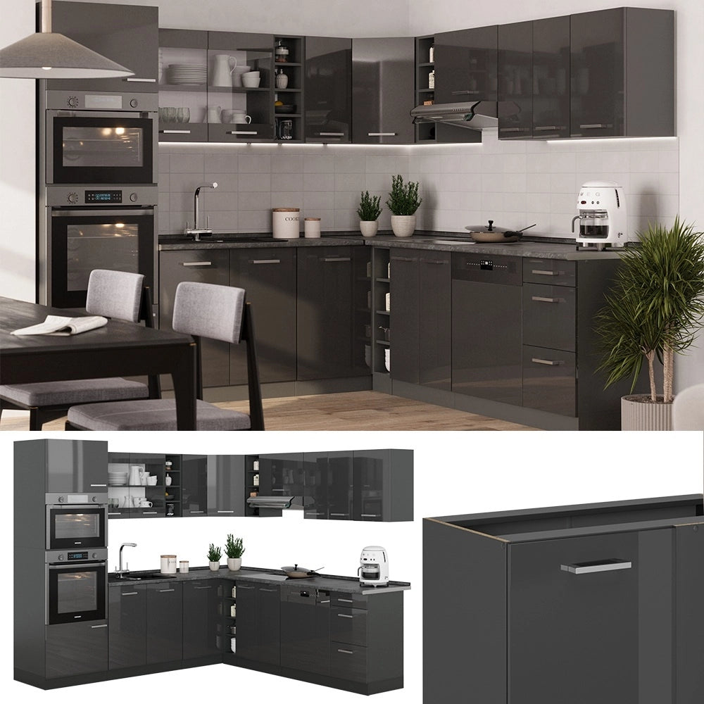 Cucina angolare completa R-Line Antracite lucido/Antracite 247 x 237 cm, PL Rovere Vicco