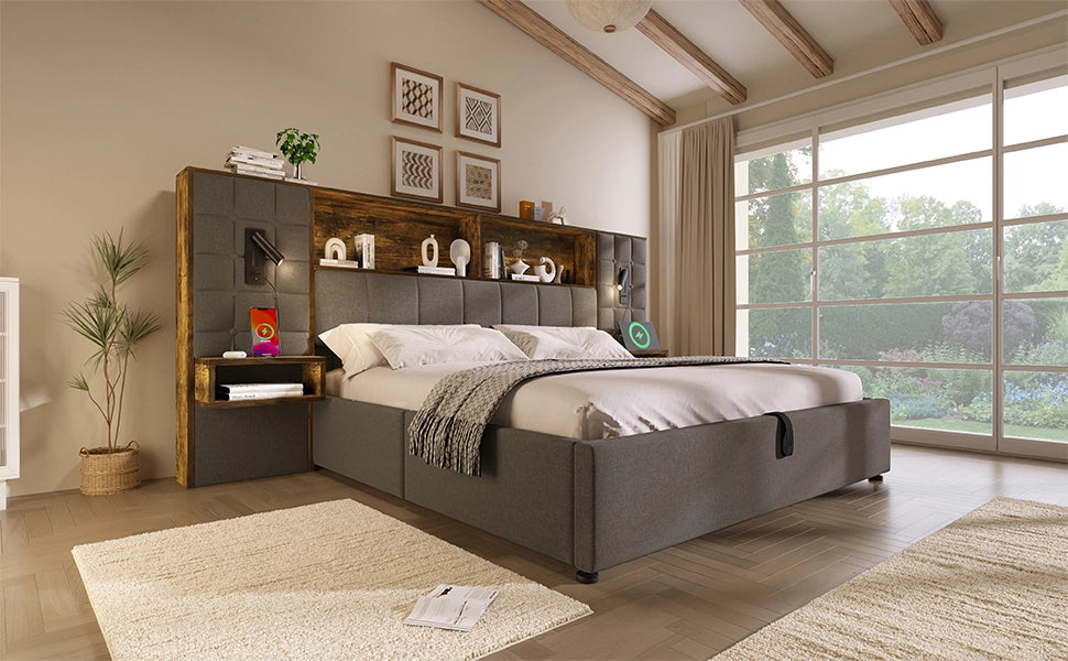 Letto contenitore 180 × 200 cm con LED, 2 lampade da lettura, USB Type-C, 2 comodini, senza materasso