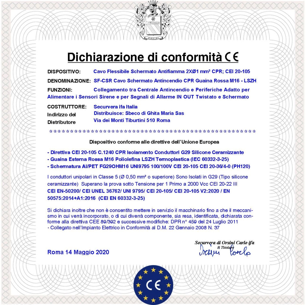 ANTINCENDIO CAVO ROSSO SCHERMATO 2X1,00 MM² CPR 750 V CEI 20-105 UNEL 36762 GUAINA LSZH ANTIFIAMMA  CONDUTTORI TWISTATI A COPPIE