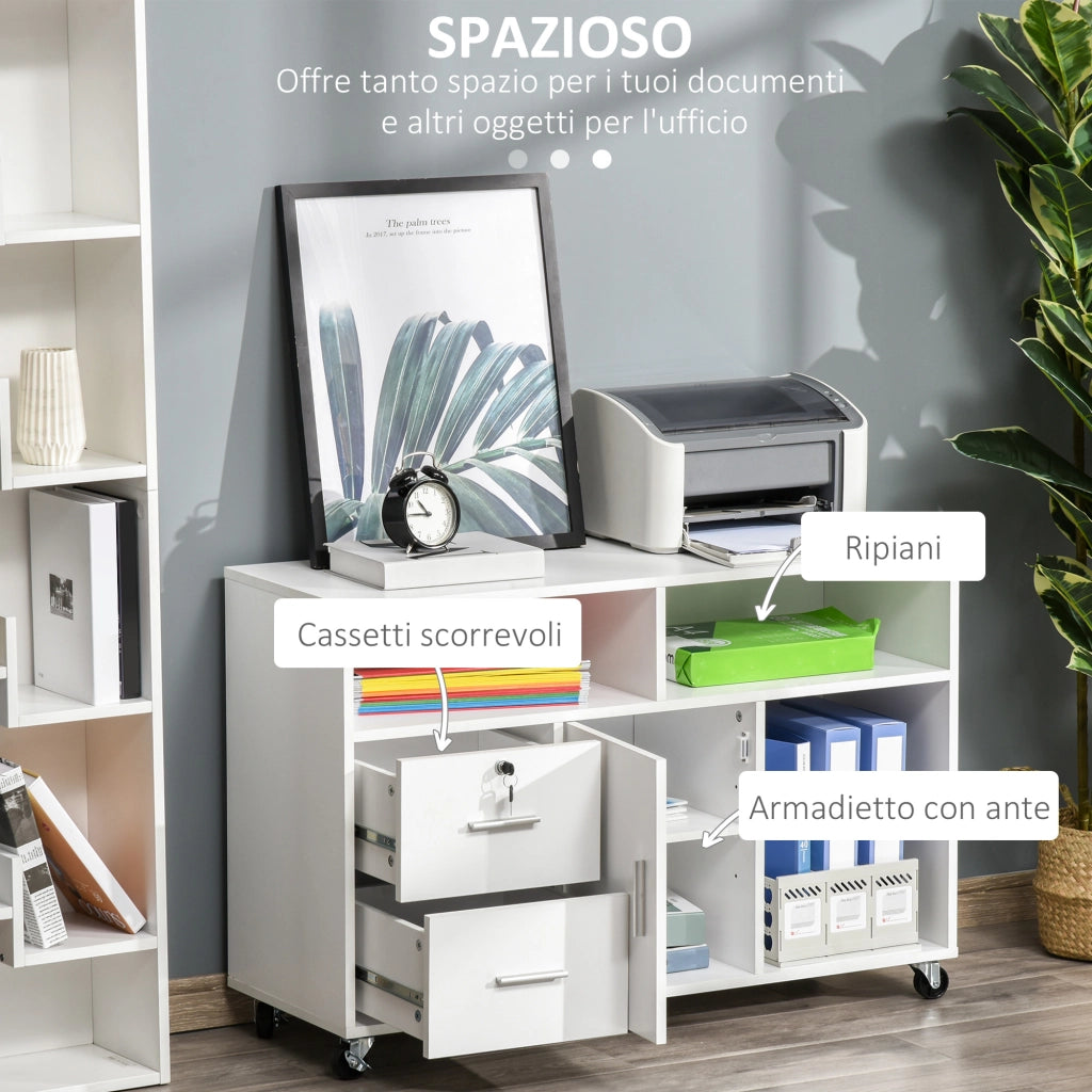 Mobile Stampante con Rotelle ¨C Xylo ¨C 2 Cassetti, 3 Ripiani, Armadietto, 100x35x65 cm, Bianco