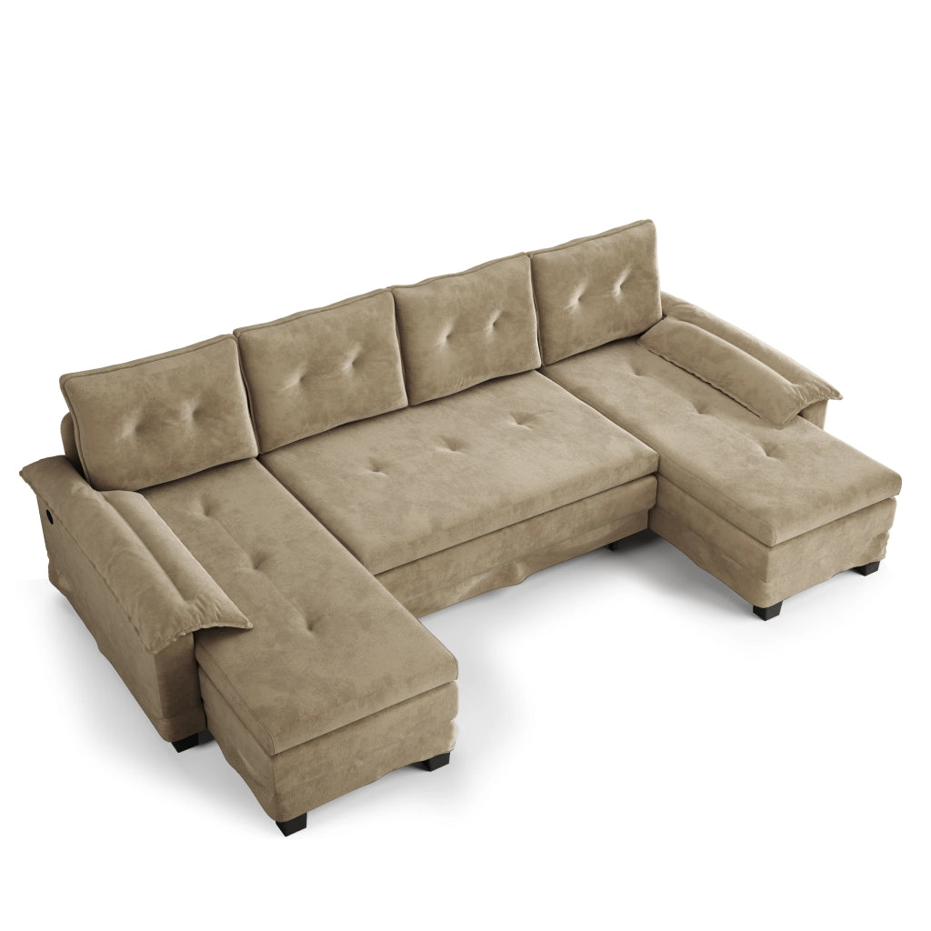 Divano Letto Angolare Modulare ¨C MINIMAL ¨C Velluto Cammello, USB, Braccioli Removibili, 278 cm
