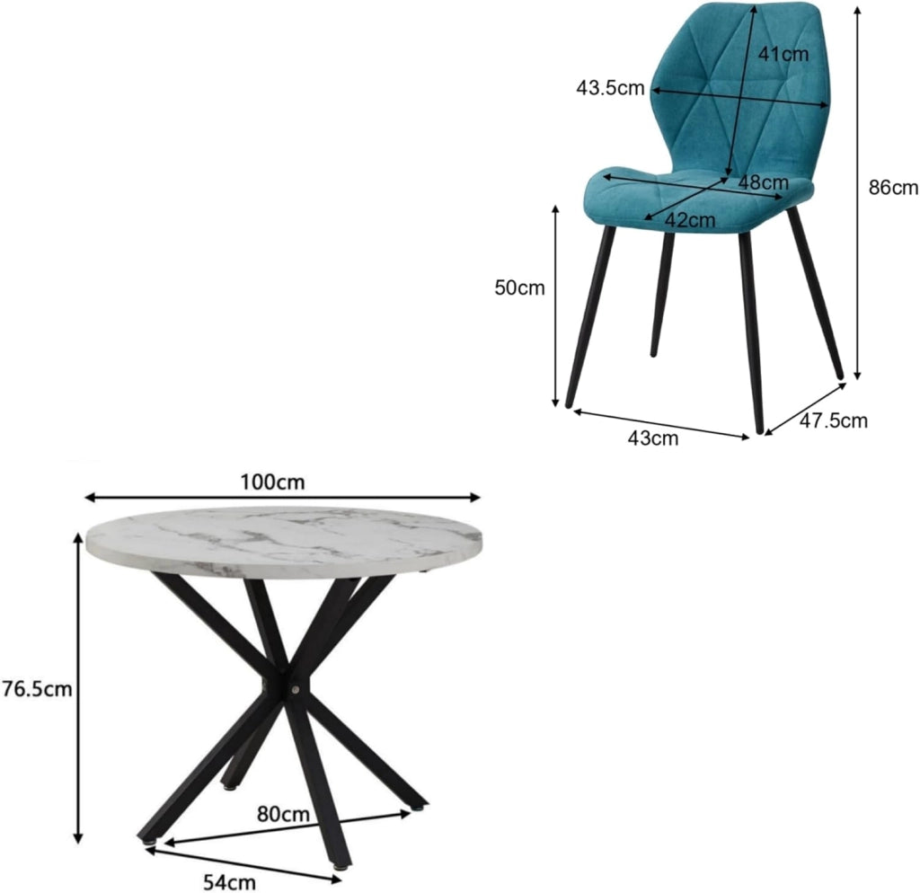 GrandCA HOME Set Tavolo e Sedie da Pranzo, Tavolo da Pranzo Rotondo da 100 CM e 4 Sedie Moderne in Lino, per Sala da Pranzo, Cucina, Soggiorno (Colore Marmo + Blu Lago)
