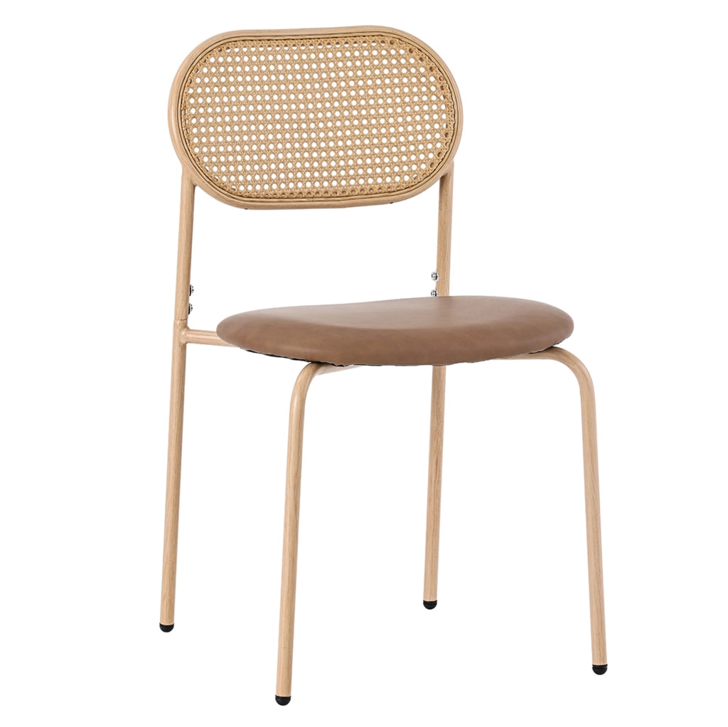 Set di 4 sedie da pranzo con schienale ovale in rattan naturale; seduta marrone in PU e gambe in metallo