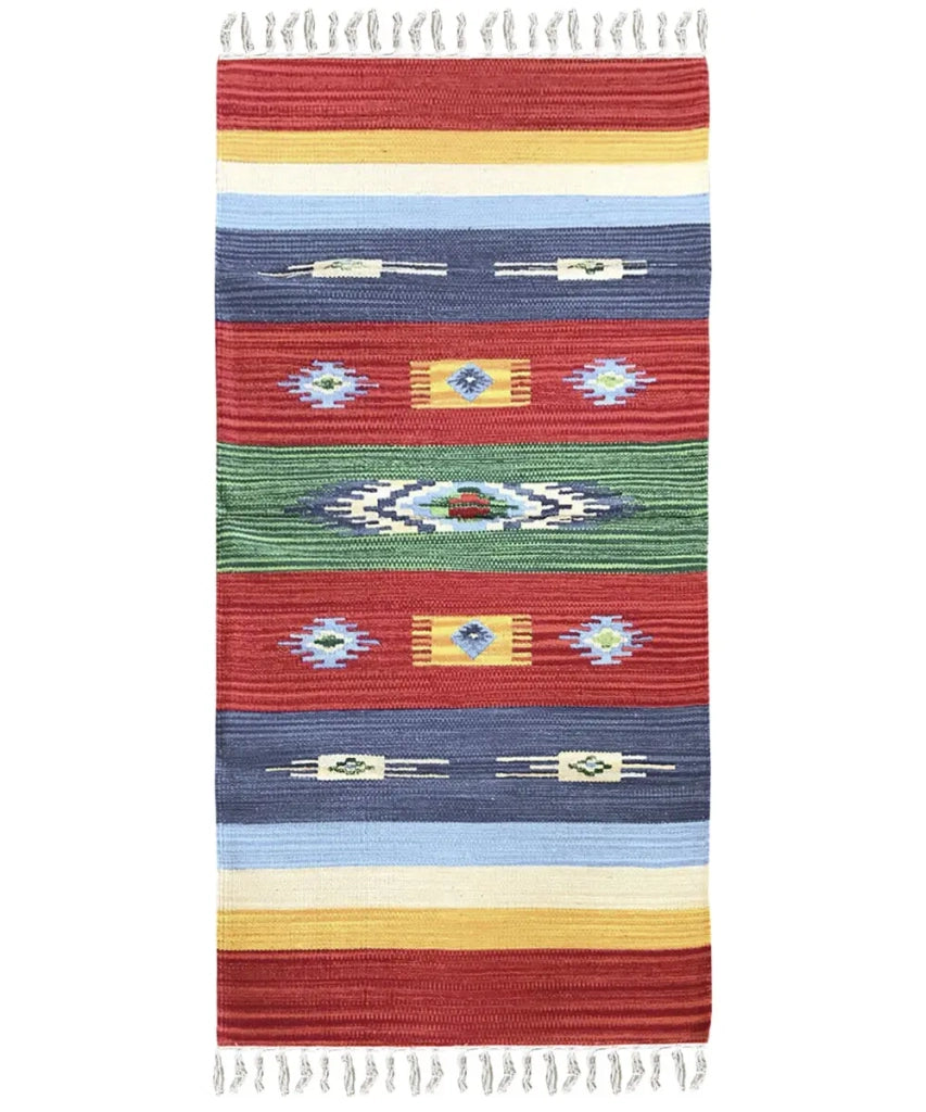 Tappeto KELIM 03 disegni etnici orientali colori vivaci cm.90x150 tessuto e frangia 100% cotone, lavabile in lavatrice