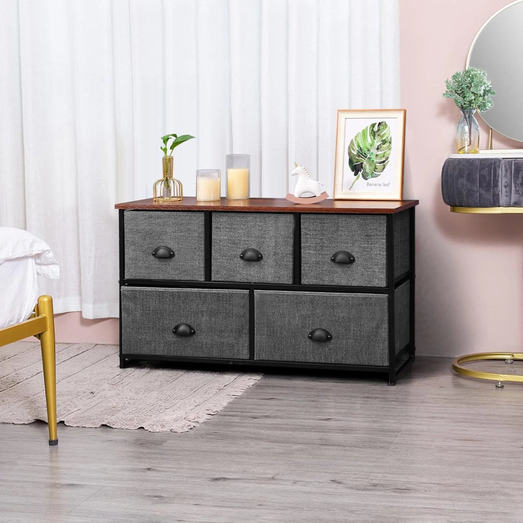 Cassettiera con 5 Cassetti, Armadio Interno Mobiletto Multiuso, Comò e Cassettiere con Struttura in Metallo, 100 x 30 x 54 cm, Nero