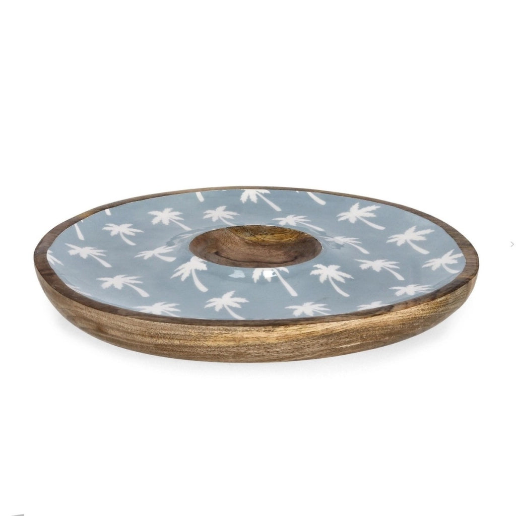 Bizzotto antipastiera Keran azzurra Ø39x4h con decoro palme in legno di mango