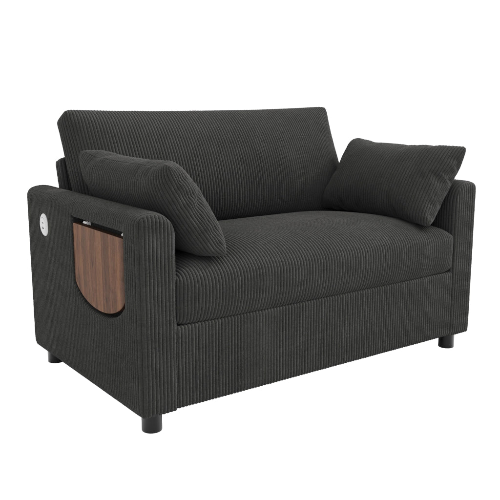 Divano letto 2 posti in corduroy grigio con funzione estraibile, USB/USB-C e materasso