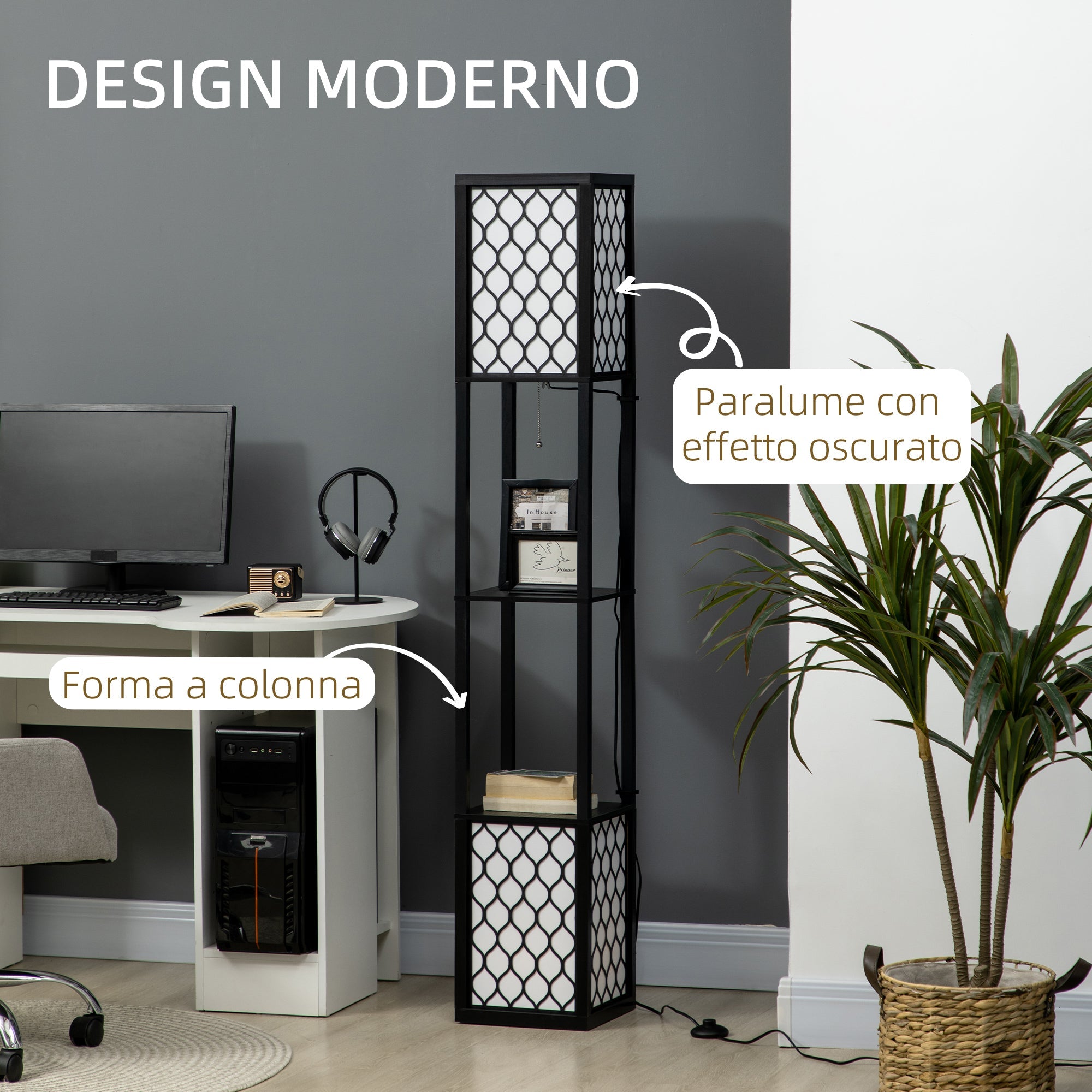 Lampada da Terra a Colonna 26x26x156 cm con 2 Ripiani in MDF e Plastica Nera