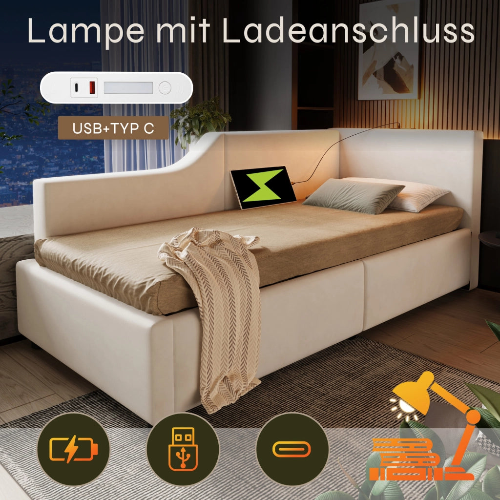 LETTO Daybed 90x200 cm in velluto beige con stoccaggio idraulico, lampada e USB-C