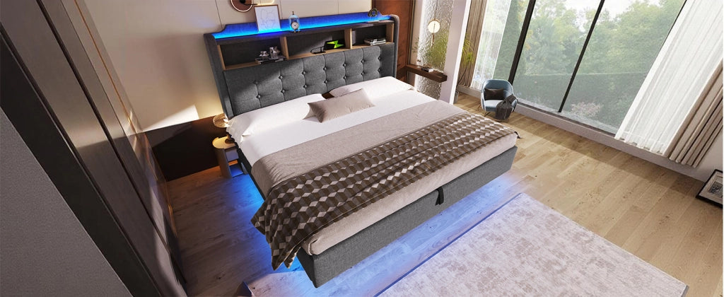 Letto contenitore 180 × 200 cm con LED, USB e Type-C, vano idraulico e scomparto testiera, senza materasso, grigio