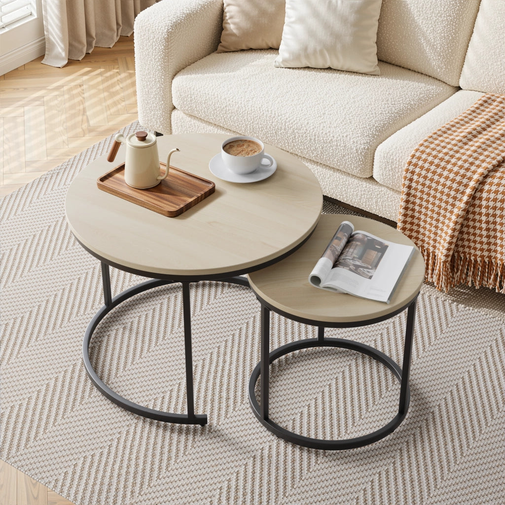 TAVOLINI DA SALOTTO Set da 2 pezzi rotondi 60/40 cm effetto rovere metallo nero