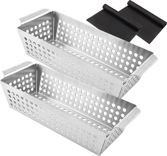 Grill accessorio, 28,5 x 13 x 6 cm, grill accessorio in acciaio inossidabile, con 2 maniglie e piastra di griglia, per tutti i tipi di griglia, per la grigliatura di verdure, pesce, carne.