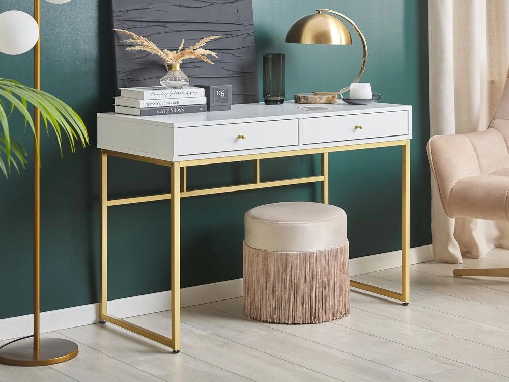 Scrivania glamour 2 cassetti base in metallo dorato e bianco Home Office