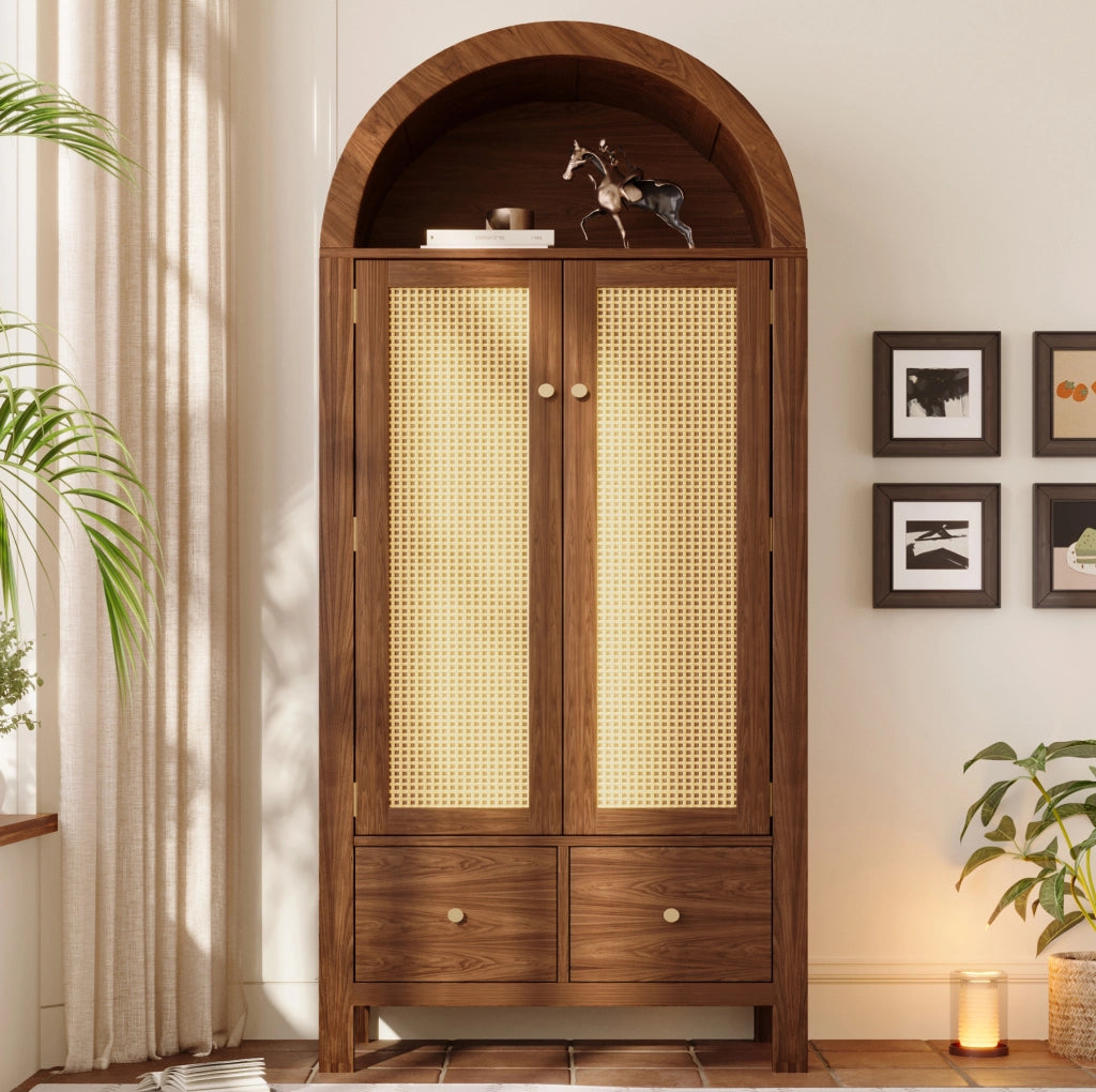 Armadio guardaroba 78x45x181 cm con ante ad arco e intreccio in rattan; MDF e metallo; noce