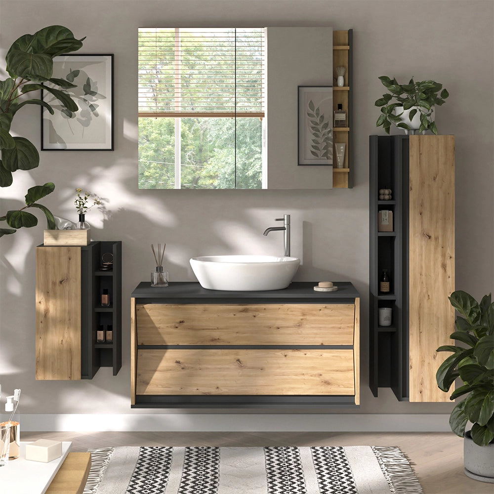 Set di mobili da bagno Edelin Antracite/Rovere artigianale 4 parti Vicco