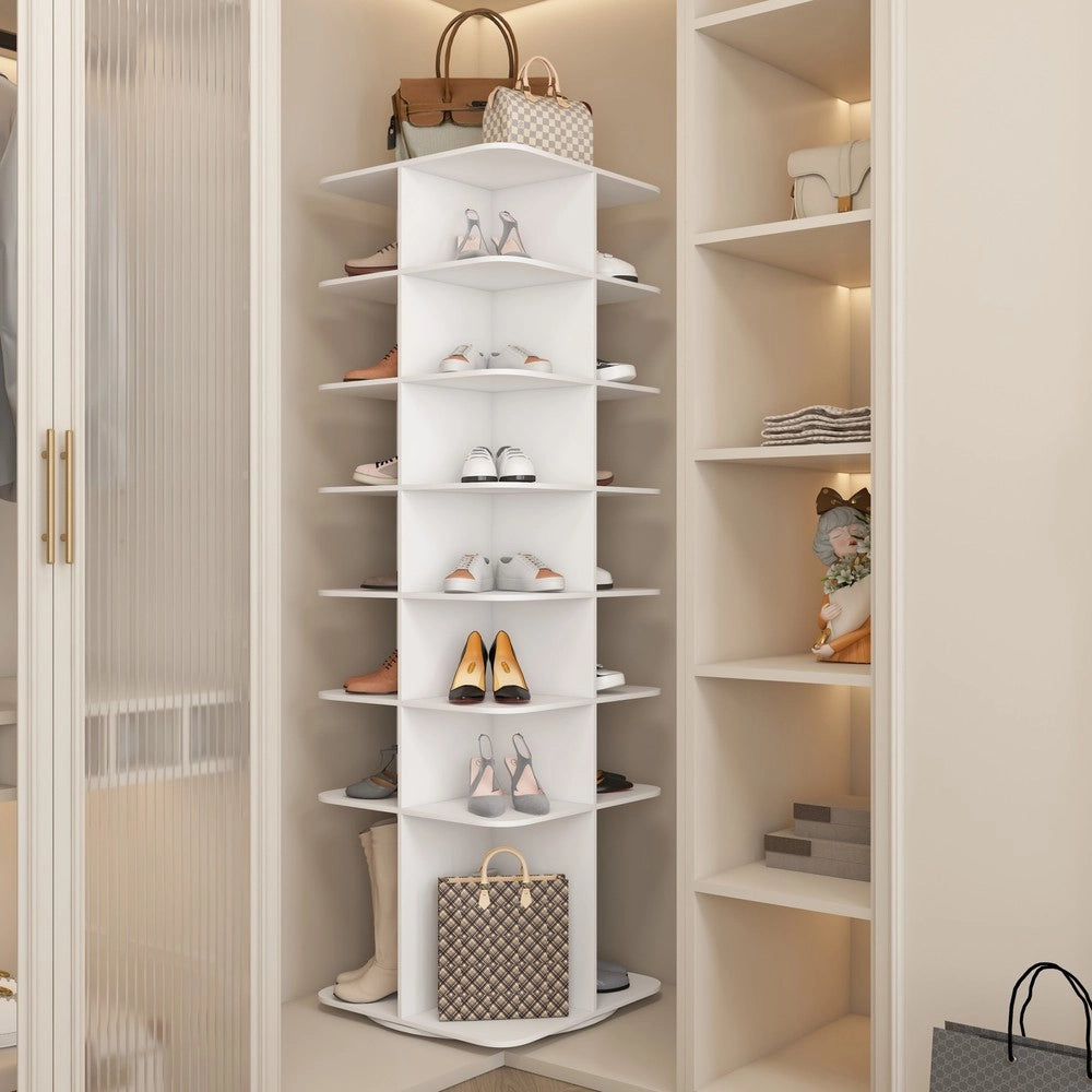 Scarpiera Girevole a Torre 7 Ripiani 28 Paia ¨C Xylo ¨C Bianco, 360¡ã