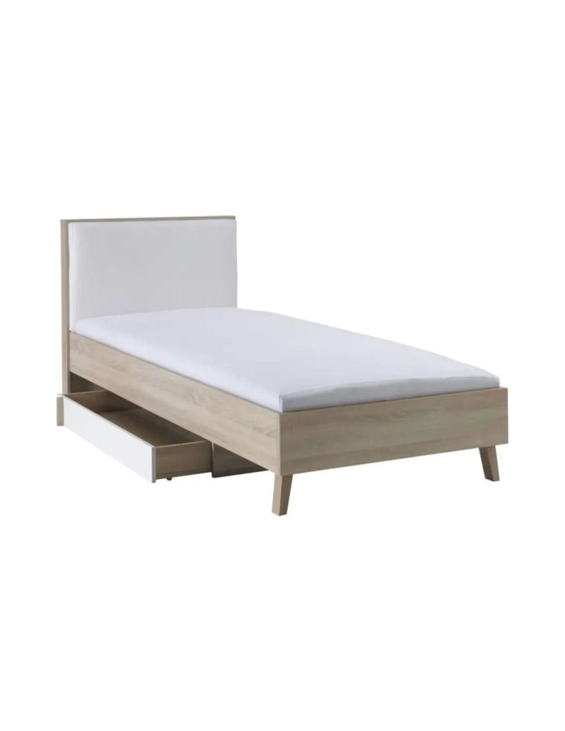 Letto bambino 90x200 con cassetto portaoggetti MALMO - Colori rovere chiaro e bianco