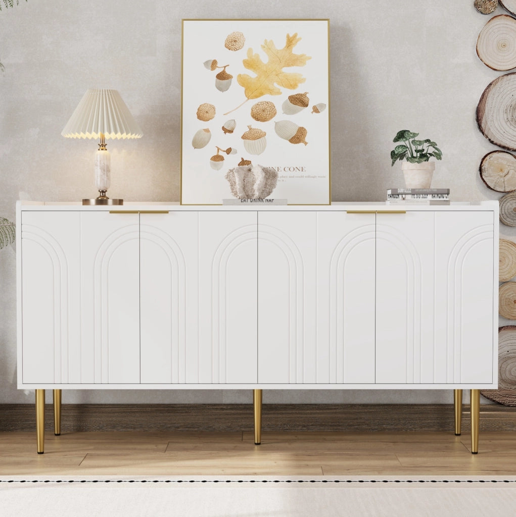 Credenza moderna bianca 140 cm con 4 ante e gambe dorate